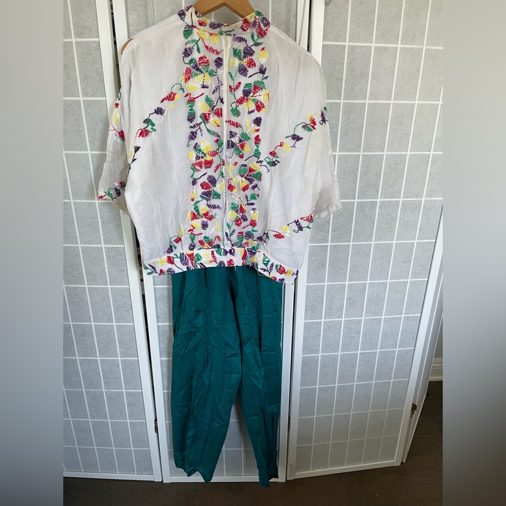 Two piece embroidered pant set, White & Green, Size Medium.